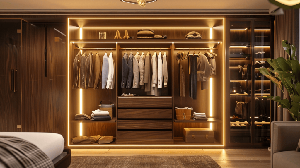Luxury cupboard design for small bedroom with illuminated wooden wardrobe