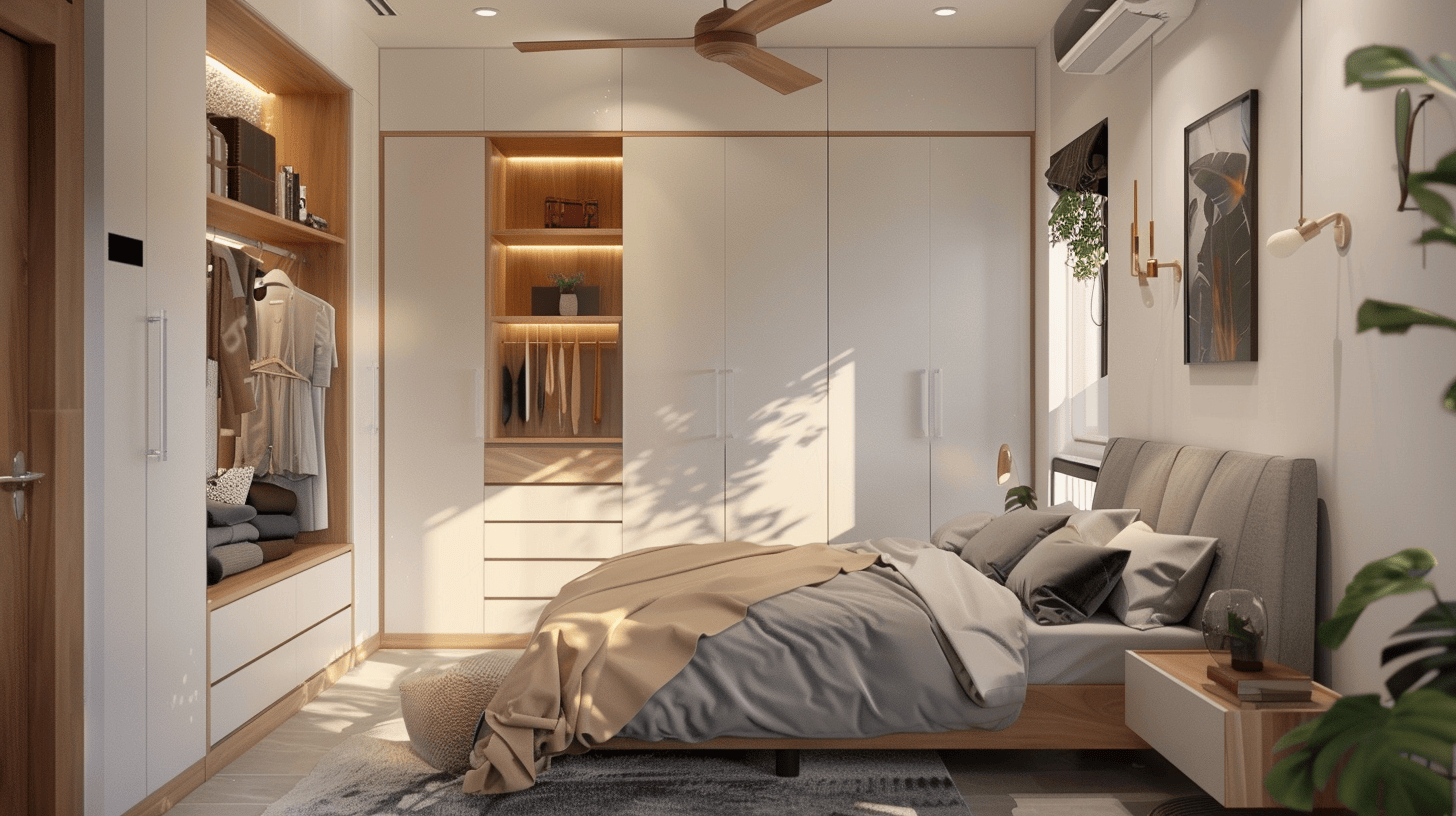 Stylish cupboard design for small bedroom with white wardrobe and open shelving