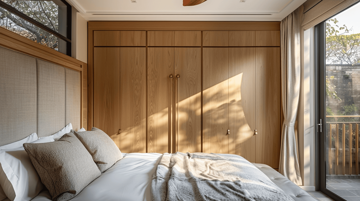 Modern cupboard design for small bedroom with sleek wooden wardrobe finish