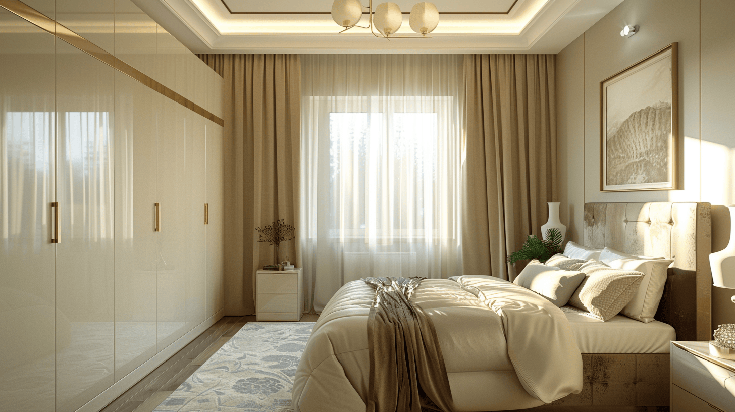 Glossy cupboard design for small bedroom with elegant white wardrobe style