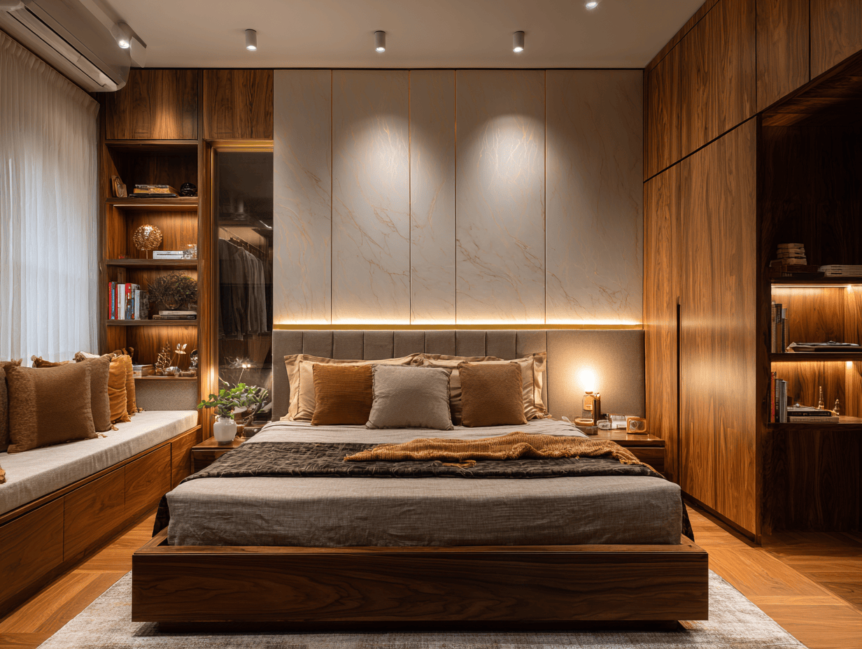 Modern cupboard design for small bedroom with wooden wardrobe and cosy lighting