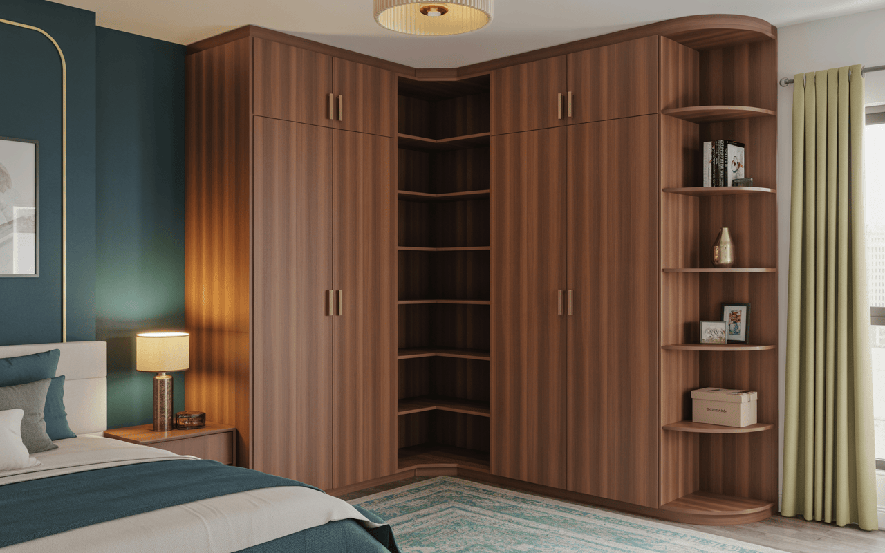 Smart cupboard design for small bedroom with modern wooden corner wardrobe