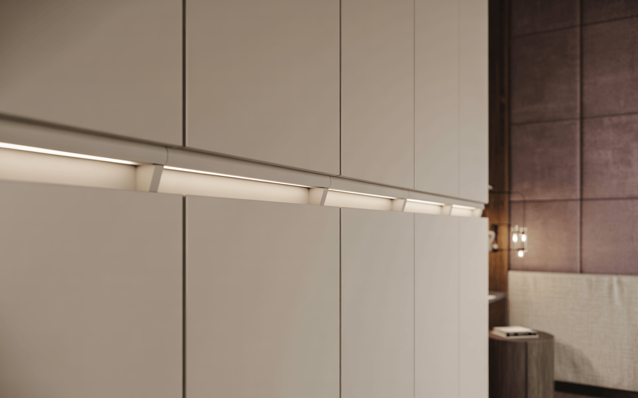 Sleek cupboard design for small bedroom with modern handleless cabinet style