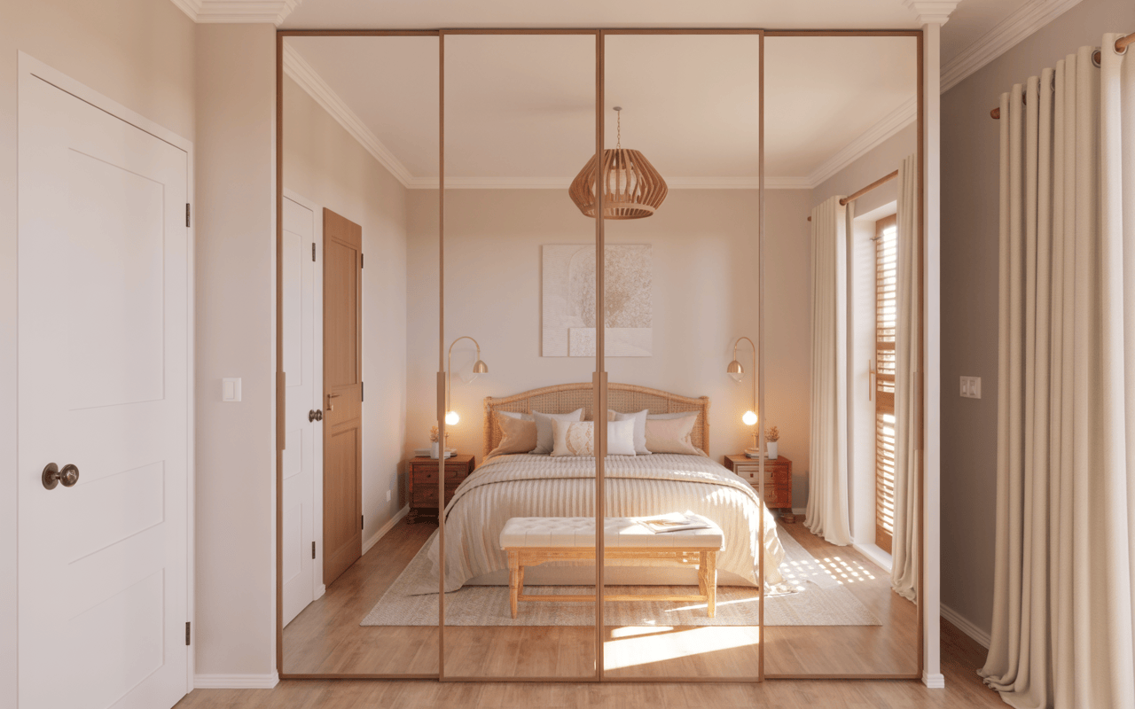 Stylish cupboard design for small bedroom with mirrored sliding wardrobe