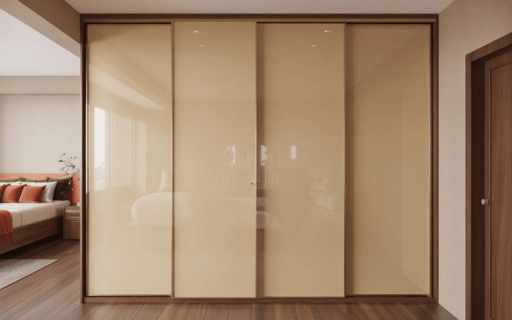 Sleek cupboard design for small bedroom with glossy sliding wardrobe doors