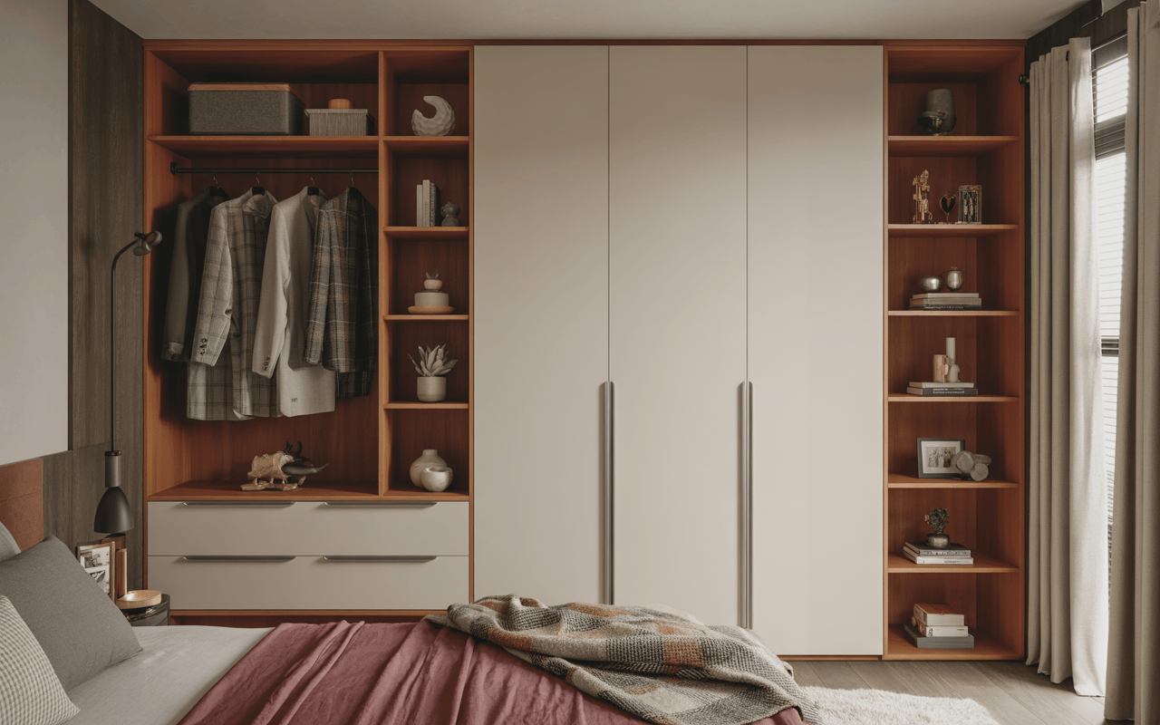 Functional cupboard design for small bedroom with wardrobe and open side shelves