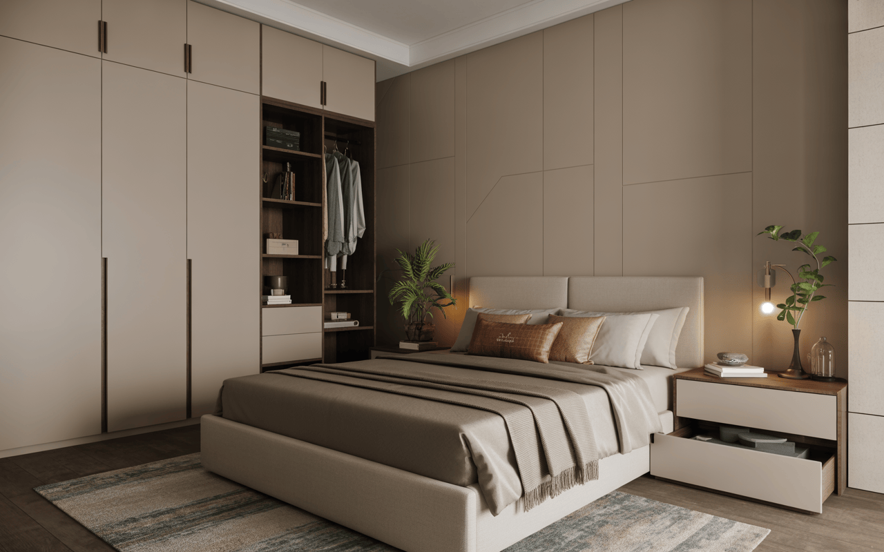 Modern small bedroom interior design ideas with floor-to-ceiling wardrobes and drawers