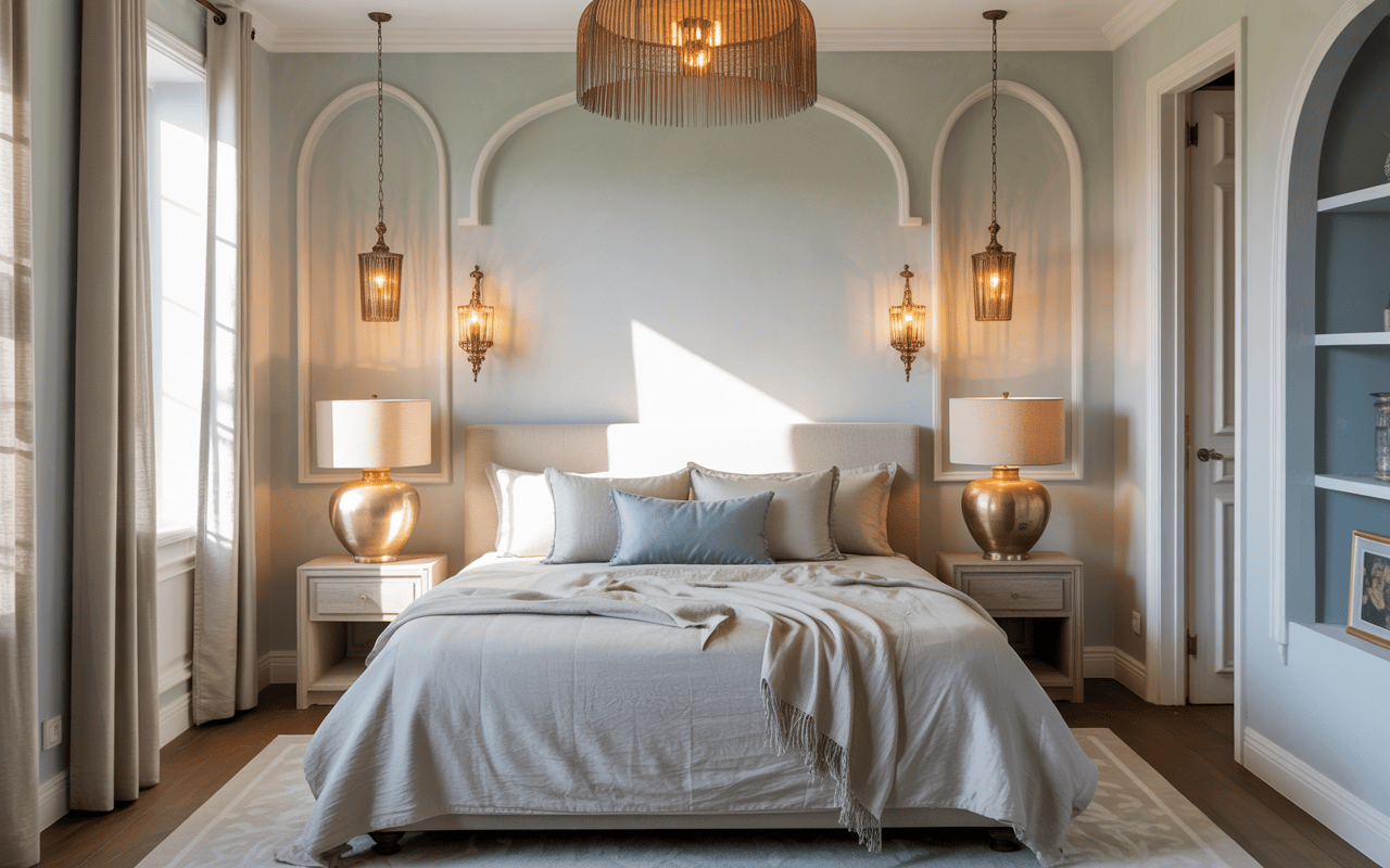 Small bedroom interior design ideas with soft pastel walls and golden lighting