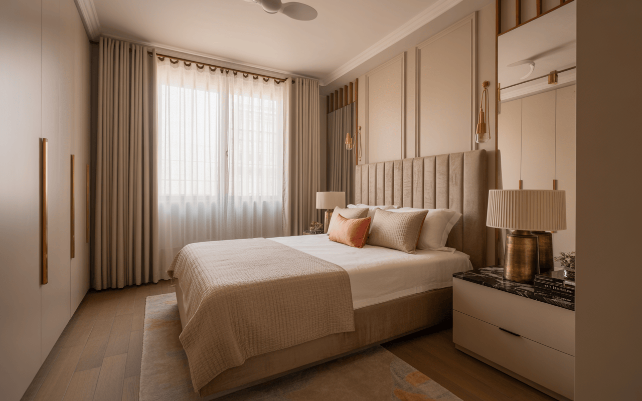 Elegant small bedroom interior design ideas with modern neutral tones and space saving style