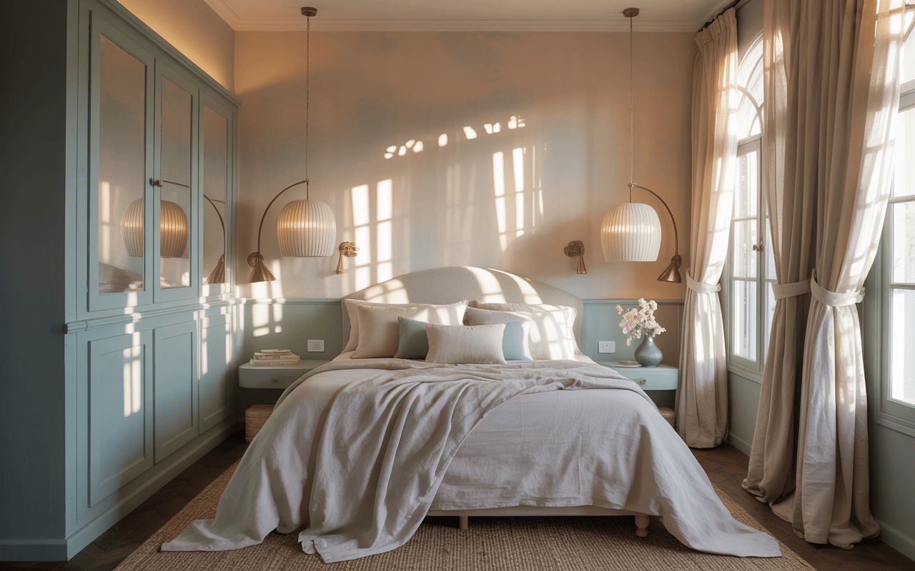 Elegant small bedroom interior design ideas with pastel tones and soft morning light