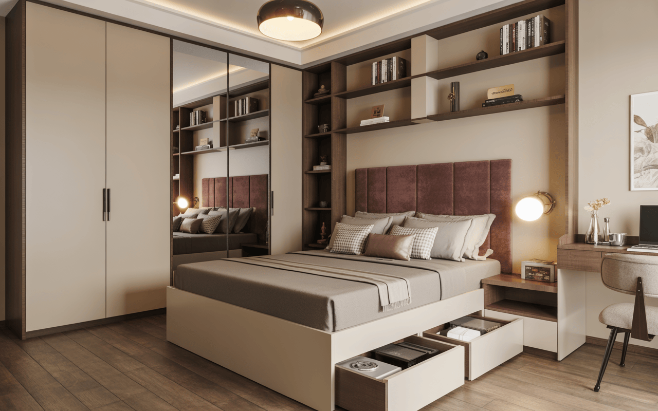 Stylish small bedroom interior design ideas with storage bed and mirrored wardrobe