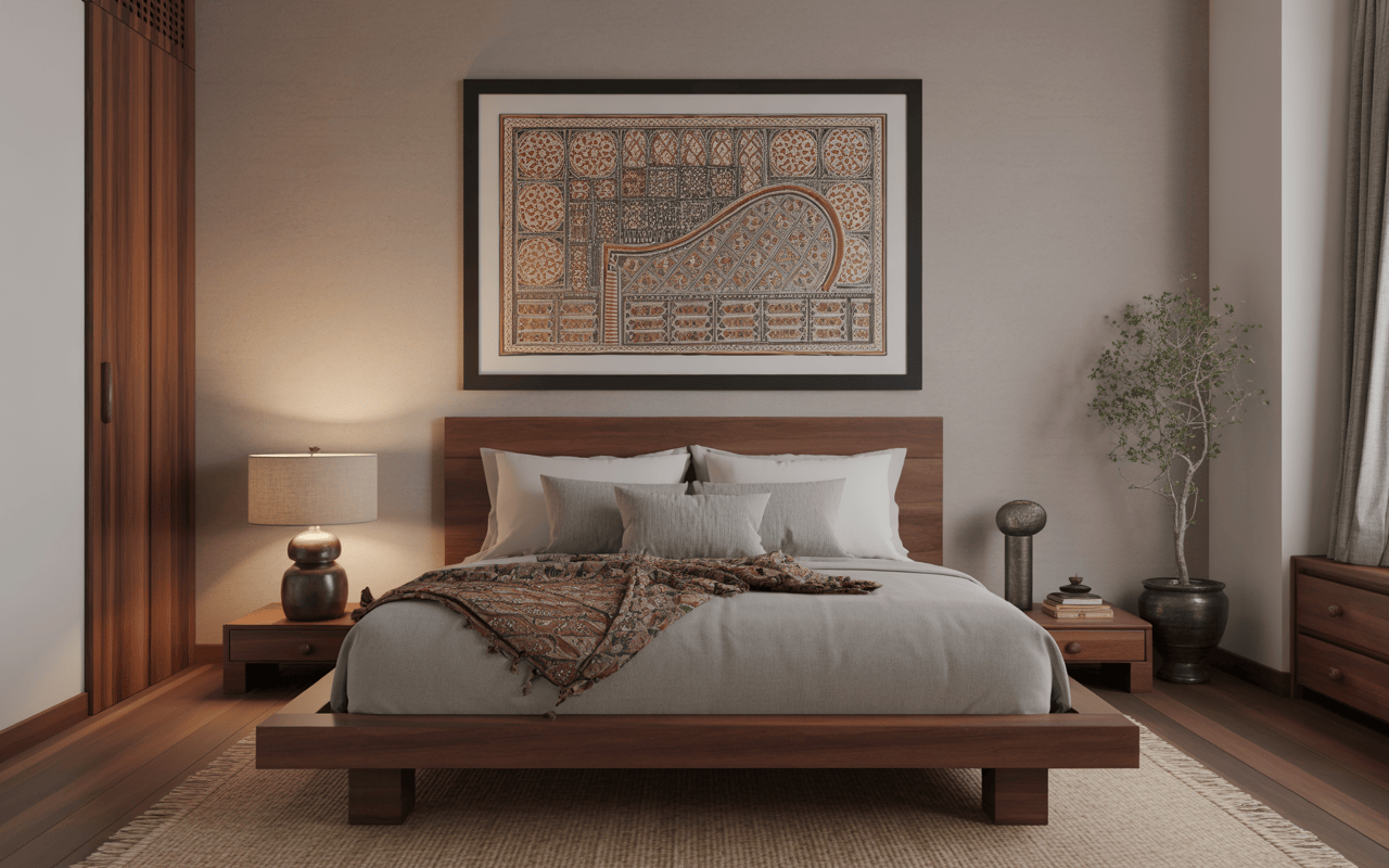 Traditional modern bedroom interior design with wooden bed, art frame and soft lighting
