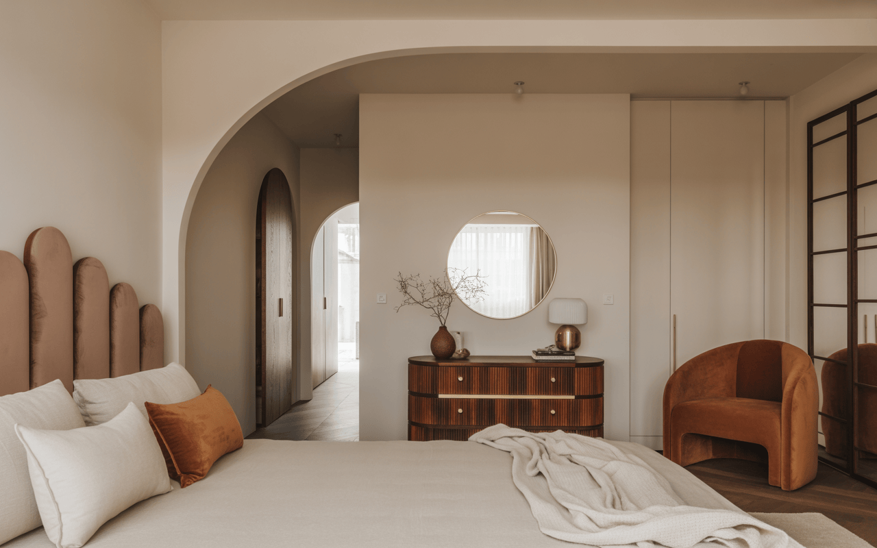 Elegant modern bedroom interior design with arched doorway and chic earthy tones