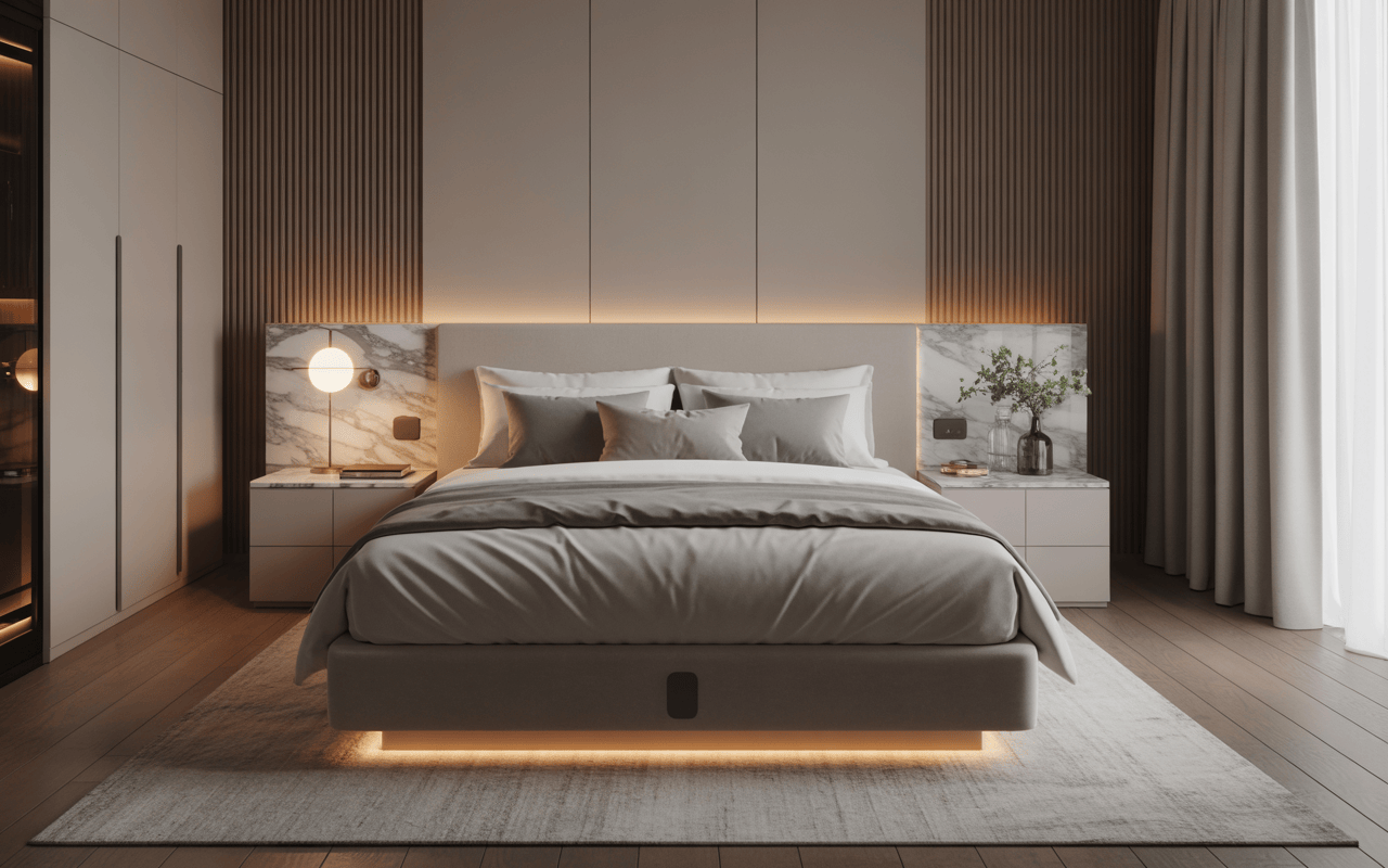 Luxurious modern bedroom interior design with marble accents and ambient lighting