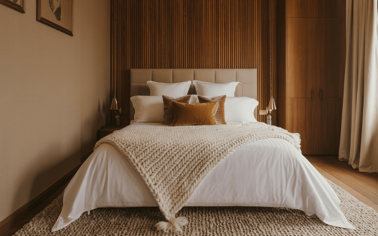 Cozy modern bedroom interior design with wooden wall panels and layered bedding