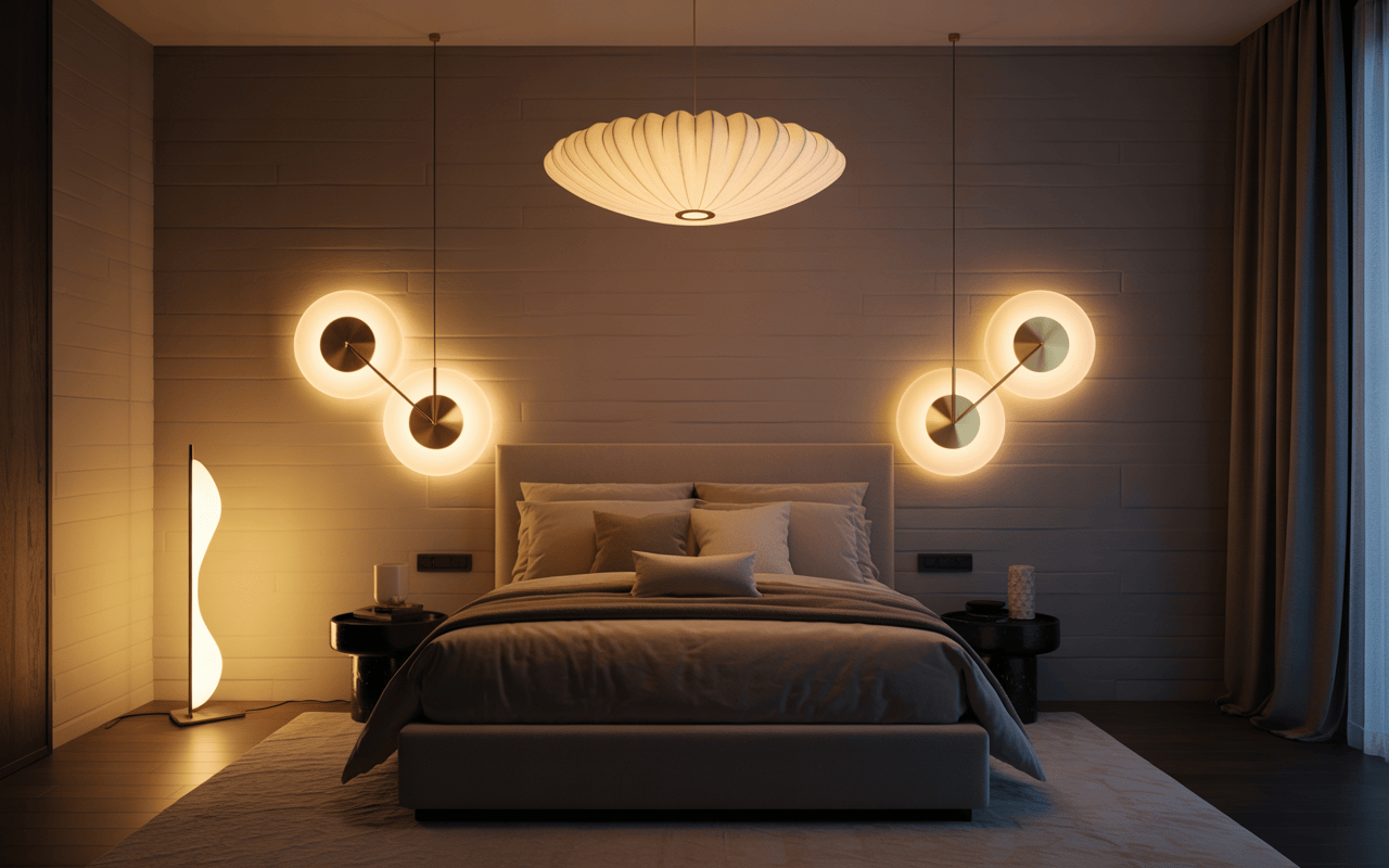 Stylish modern bedroom interior design with glowing wall lights and cozy ambience