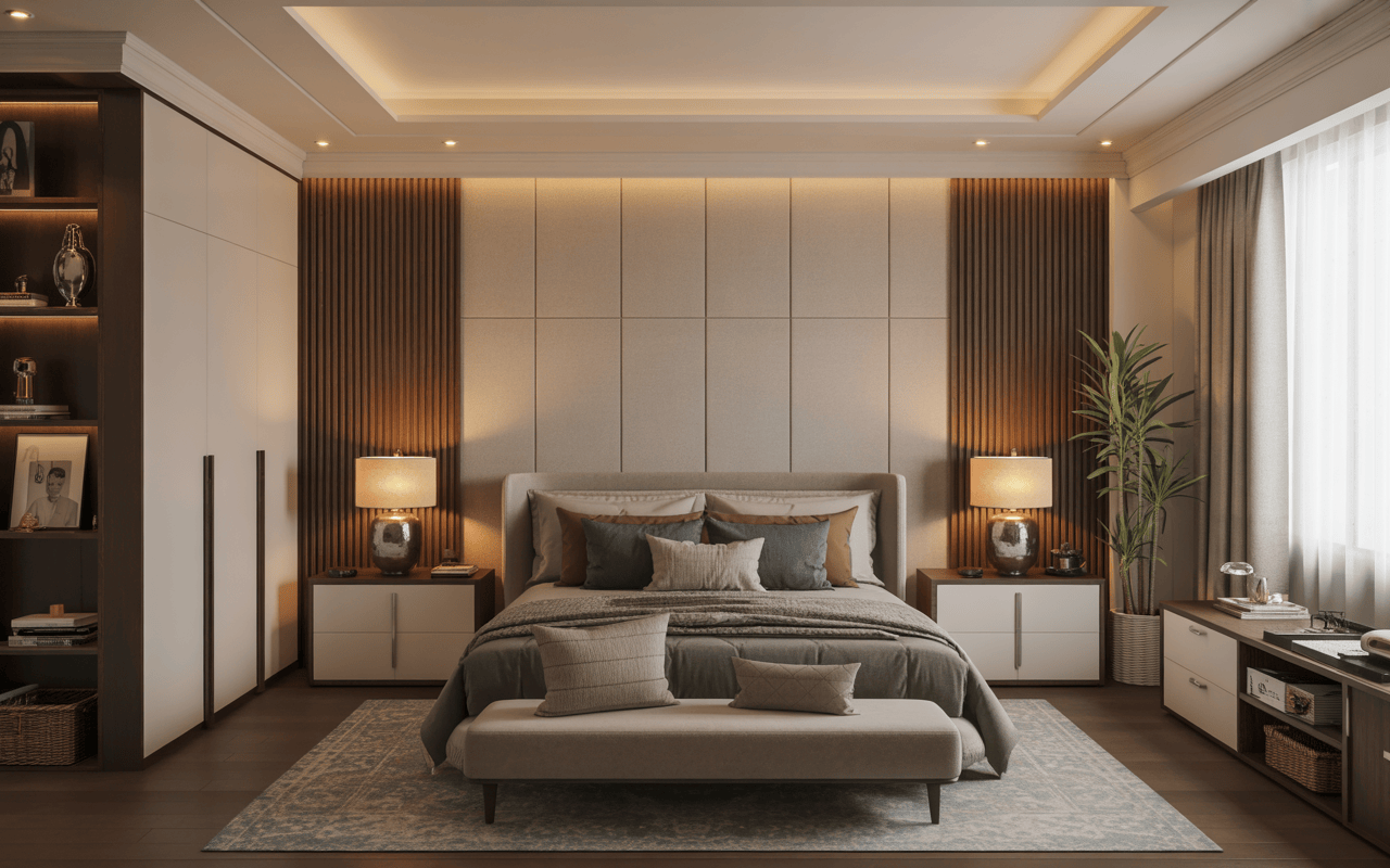 Elegant modern bedroom interior design with warm wood panels and layered bedding