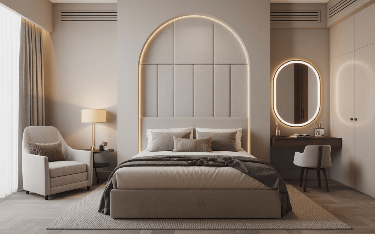 Sophisticated modern bedroom interior design with arched headboard and warm lighting
