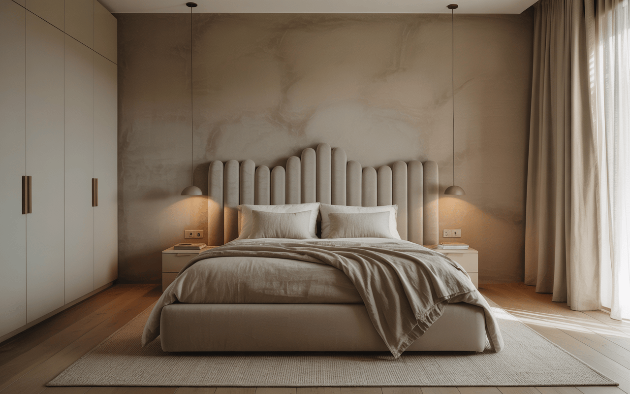 Elegant modern bedroom interior design with sculptural headboard and warm lighting