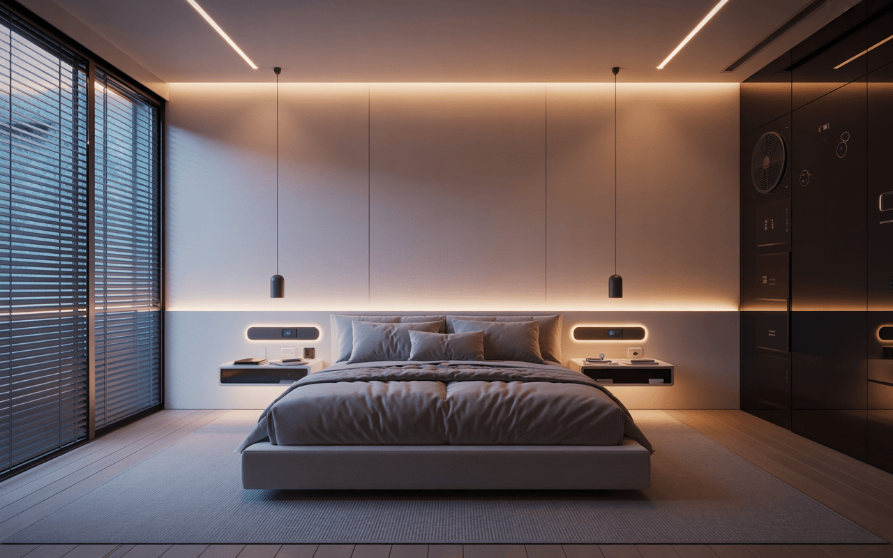 Futuristic modern bedroom interior design with ambient lighting and smart finishes