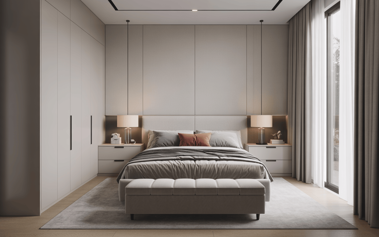 Minimalist modern bedroom interior design with soft grey palette and natural light