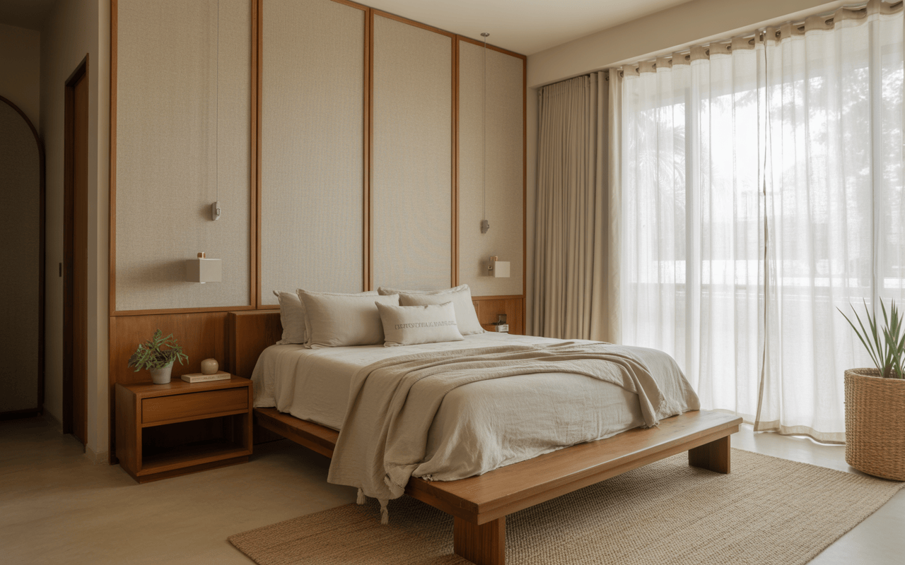 Minimalist modern bedroom interior design with wooden bed frame and soft neutrals