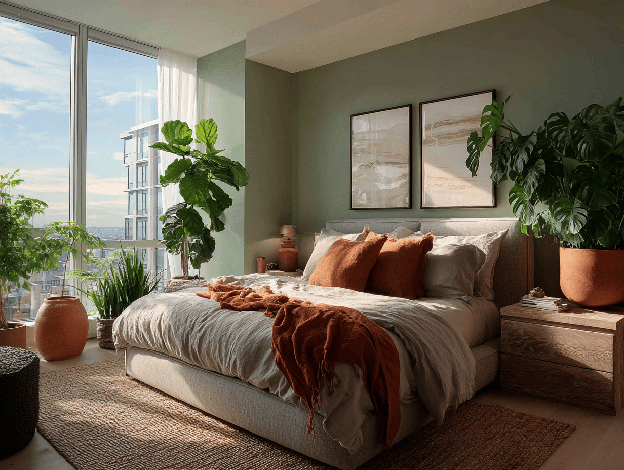 Bright modern bedroom interior design with greenery, earthy tones and natural light