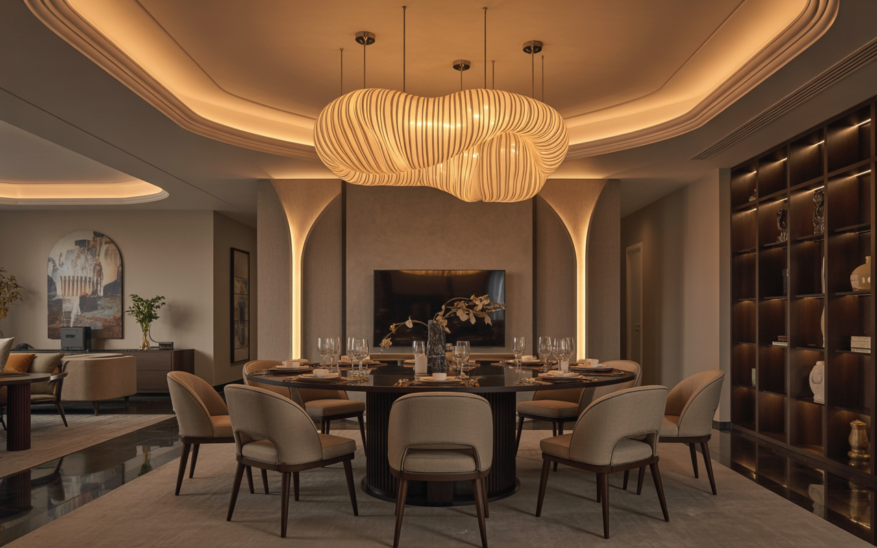 Luxury interior design trends in Hyderabad with modern chandelier dining room