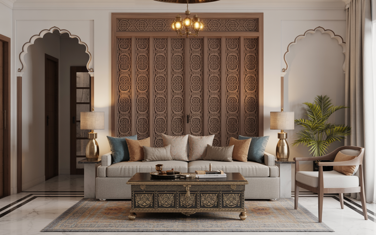 Traditional interior design trends in Hyderabad with carved wooden panels