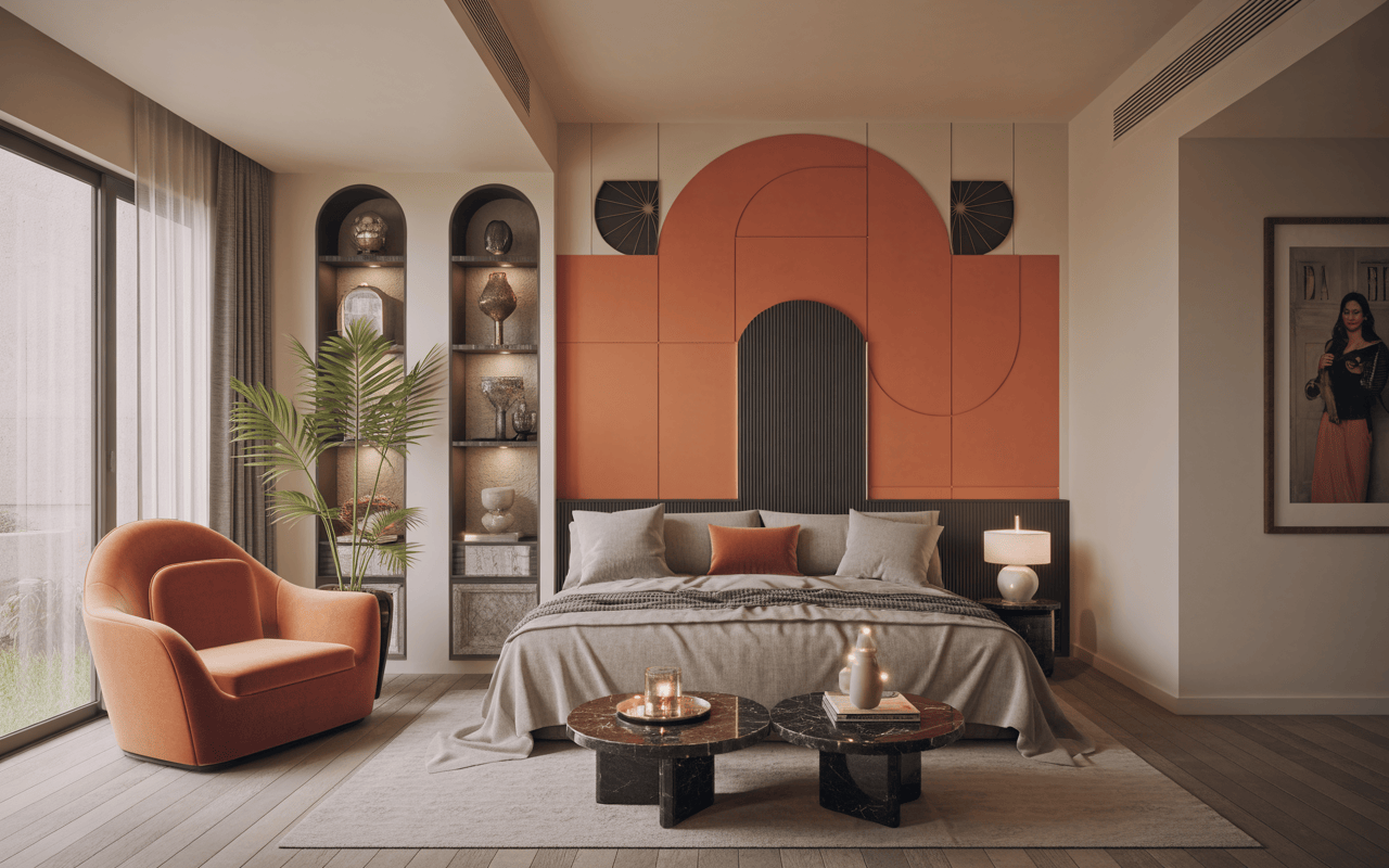 Chic modern interior design trends in Mumbai with bold color-blocked bedroom wall
