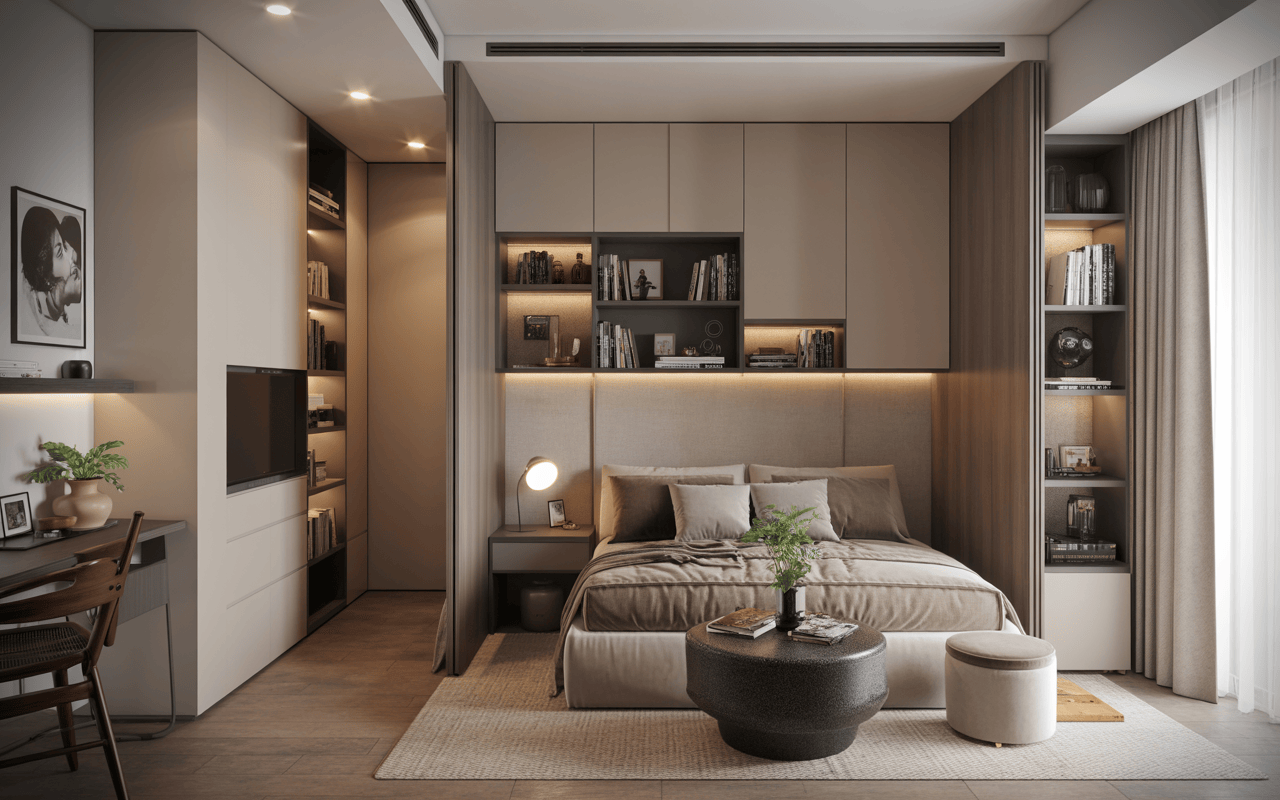 Warm user-friendly interior designs in Mumbai showcase smart bedroom storage