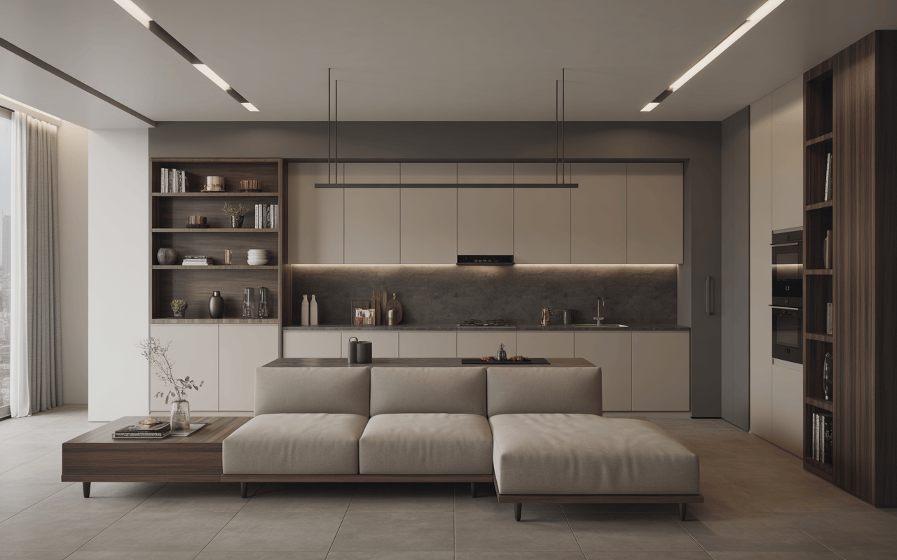 Minimal modern interior design trends in Mumbai kitchen-living open layout