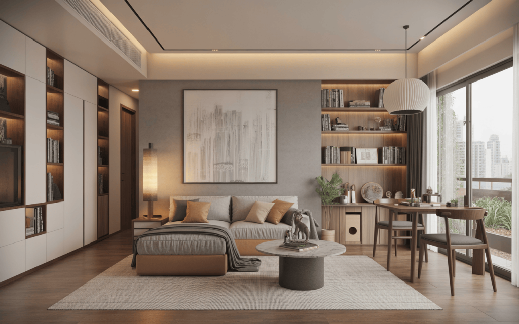 Cozy modern interior design trends in Mumbai apartment with book-rich decor