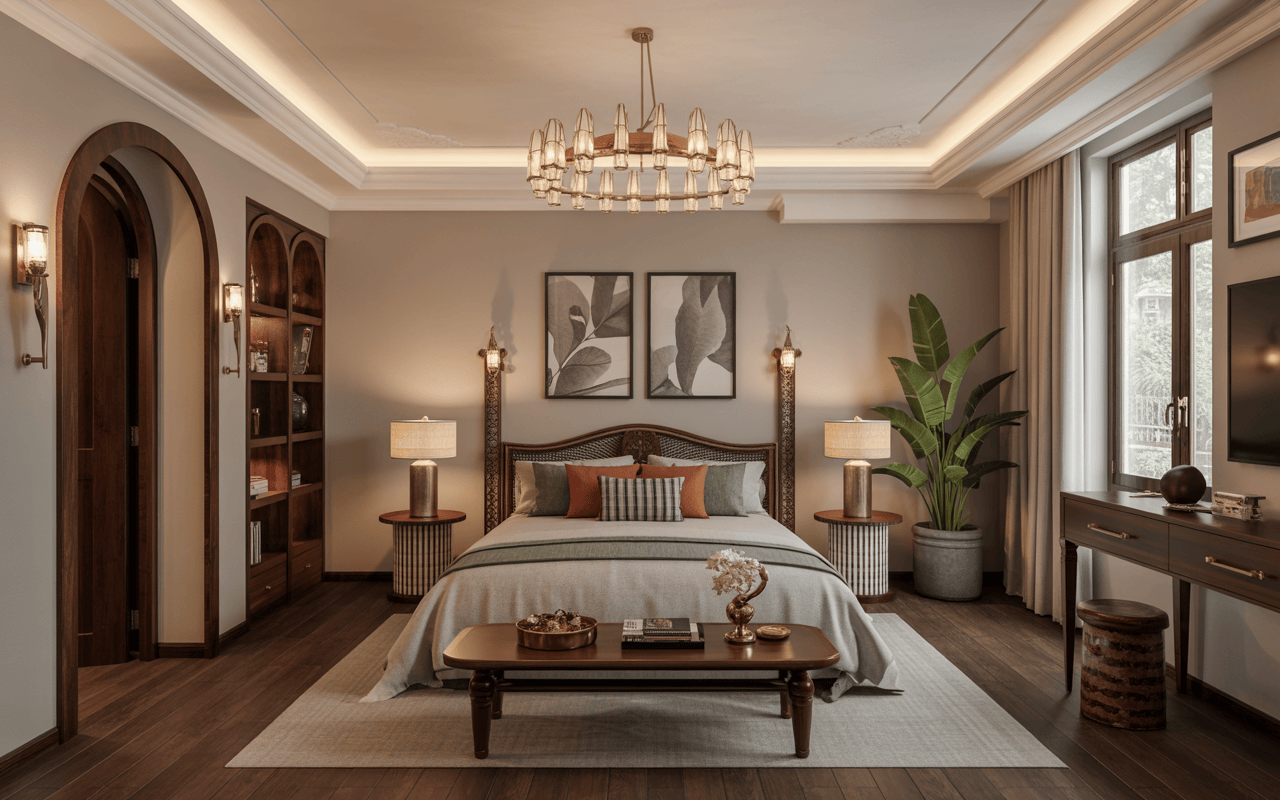 Elegant traditional interior design trends in Mumbai with cozy bedroom bookshelves