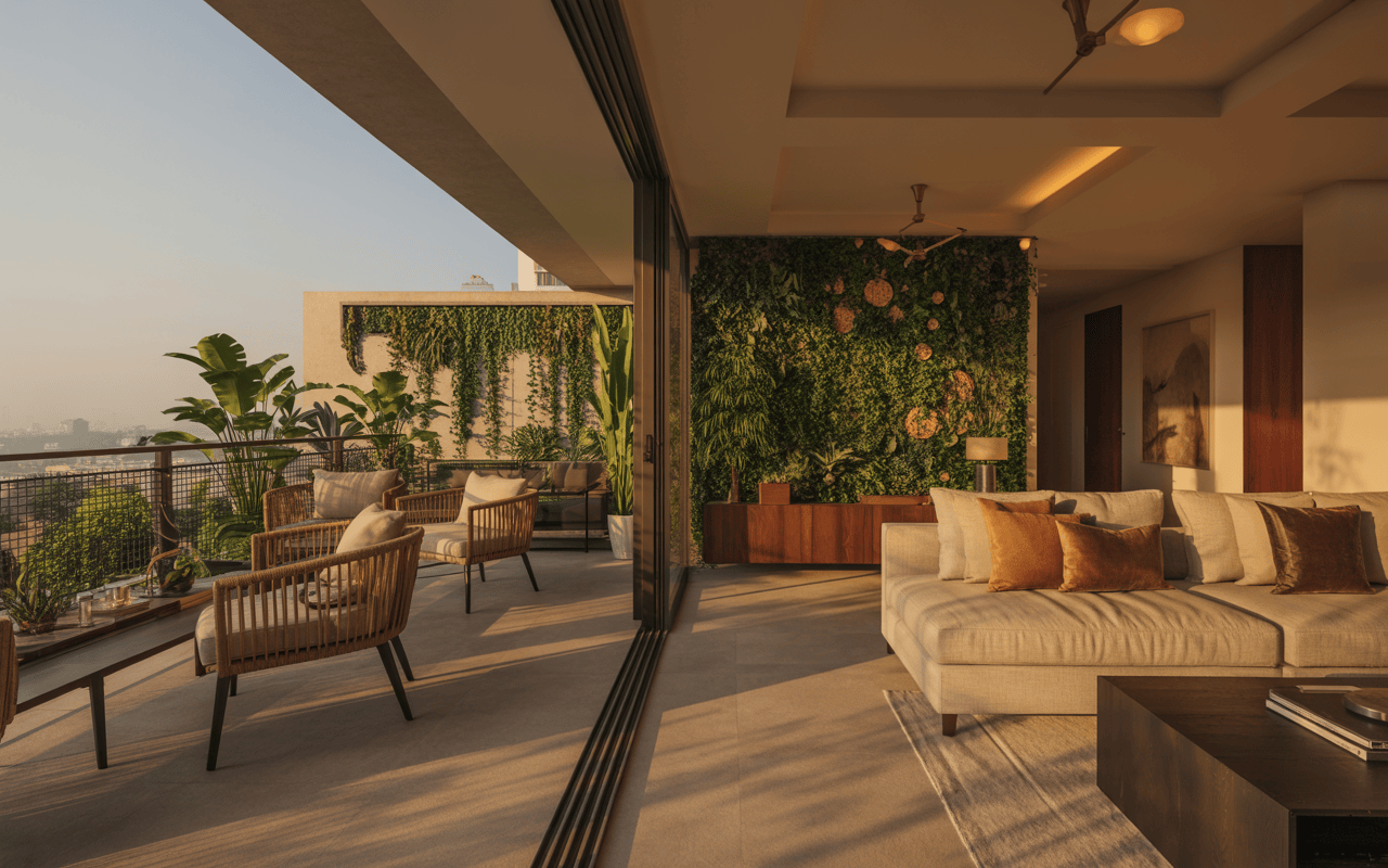 Serene eco-friendly interior design trends in Navi Mumbai with lush green elements