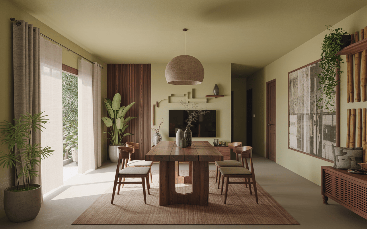 Earthy eco-friendly interior design trends in Navi Mumbai dining setup