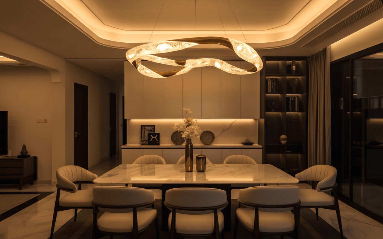 Elegant modern interior design trends in Navi Mumbai with sculptural chandelier
