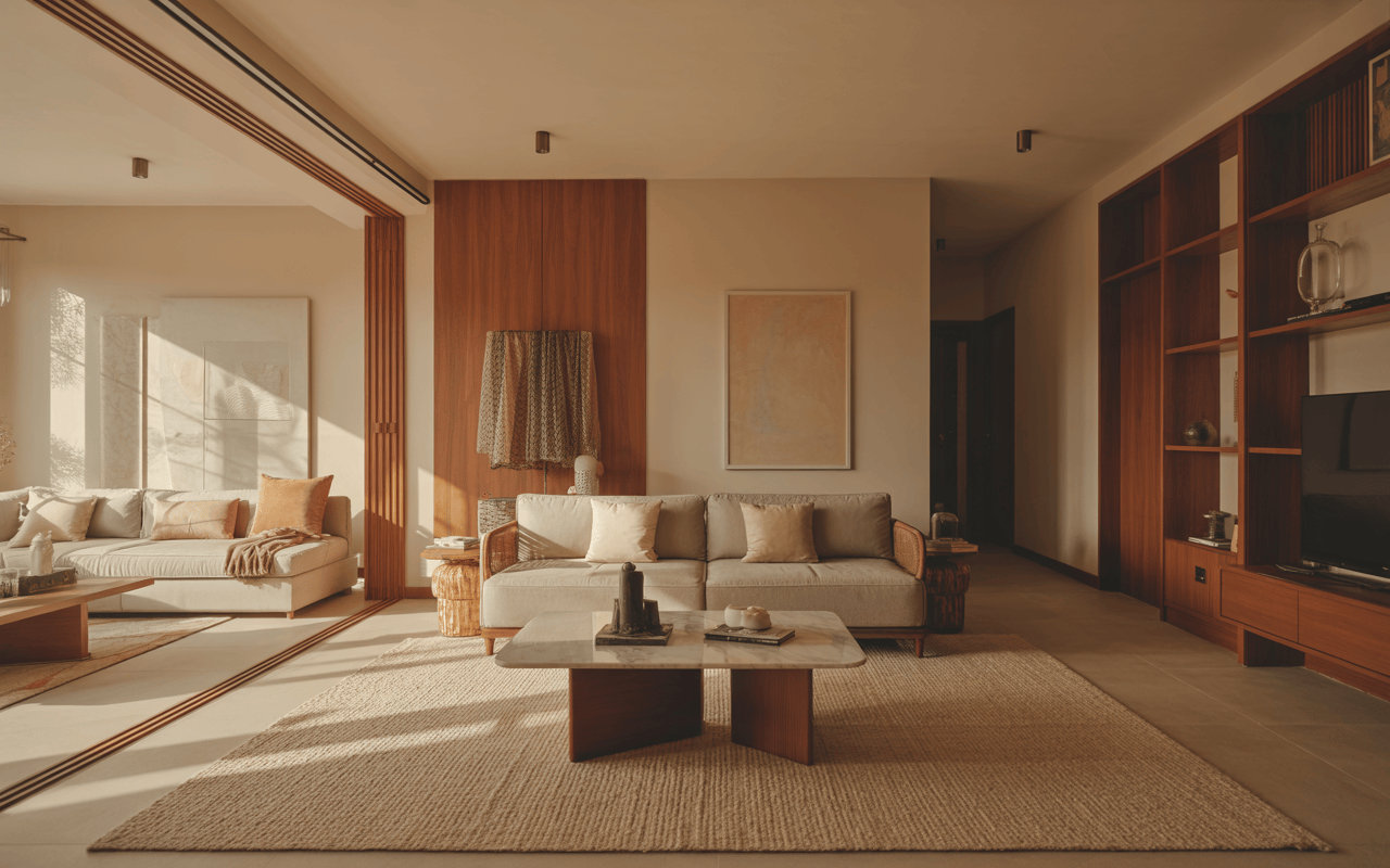 Cozy modern interior design trends in Navi Mumbai with wooden living room setup