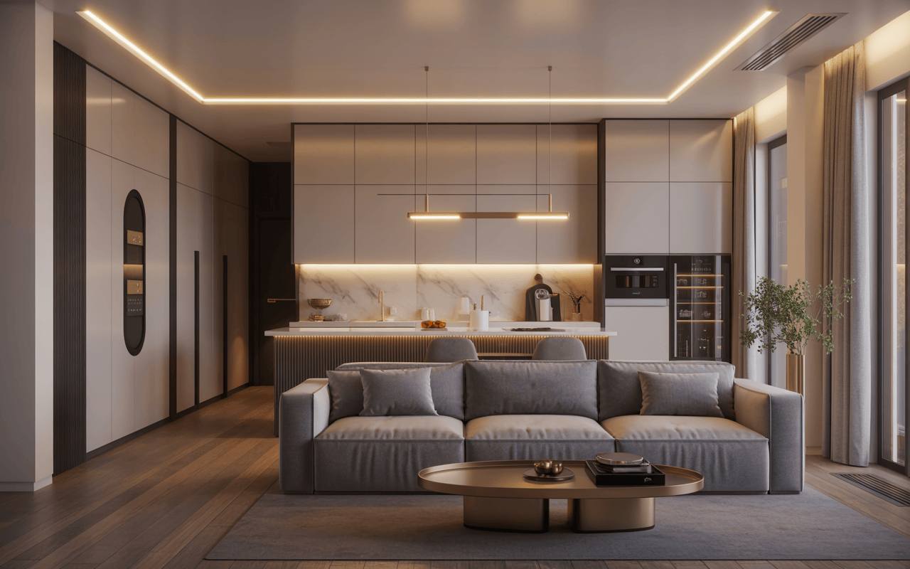 Elegant luxury interior designers in Navi Mumbai create this sleek kitchen-living space