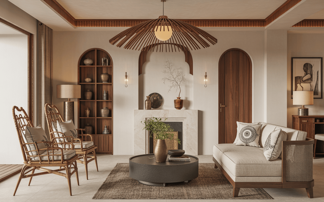 Warm traditional interior design trends in Navi Mumbai with wooden ethnic decor