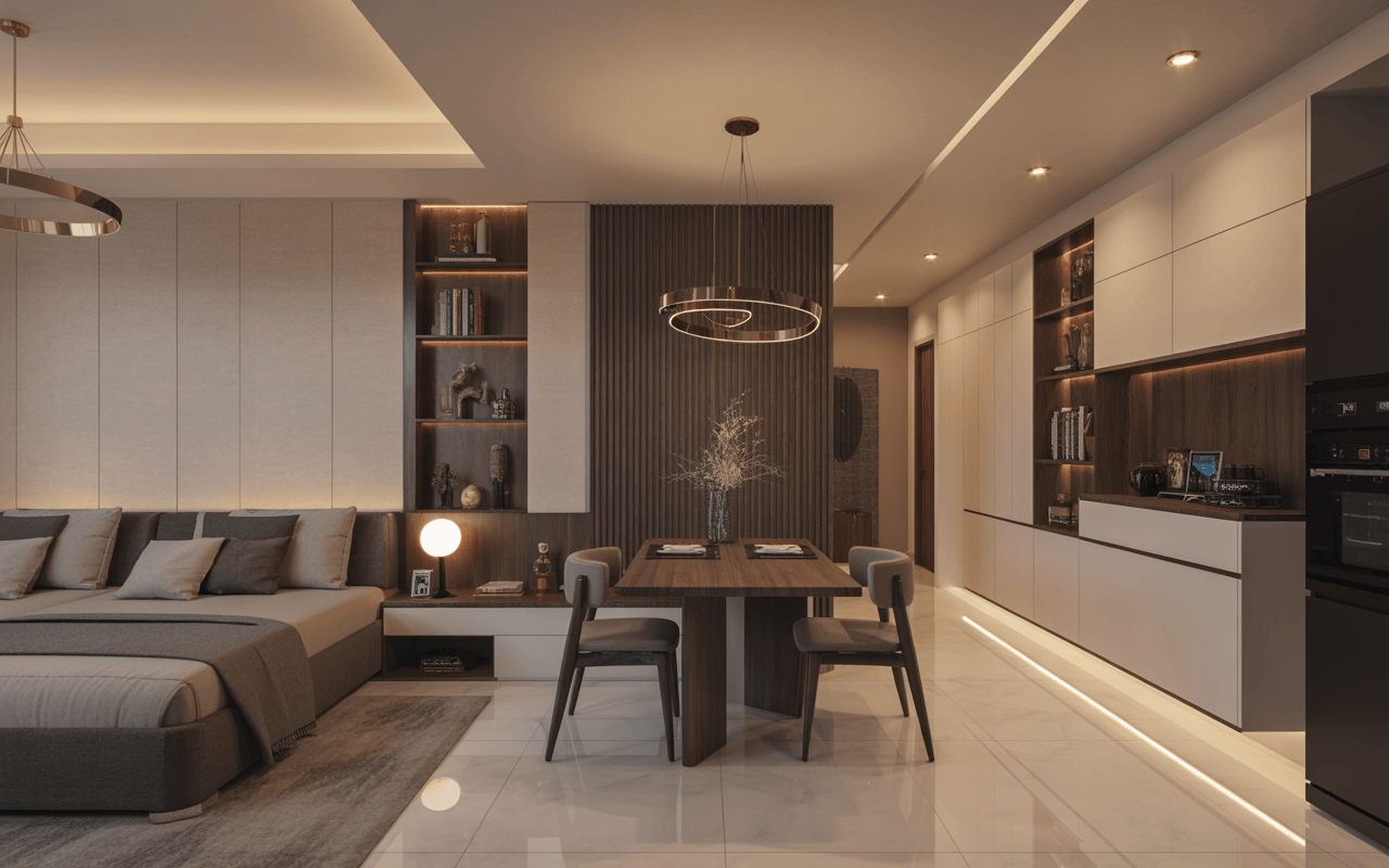 Modern trending home interior designs in Pune with dining and bedroom fusion