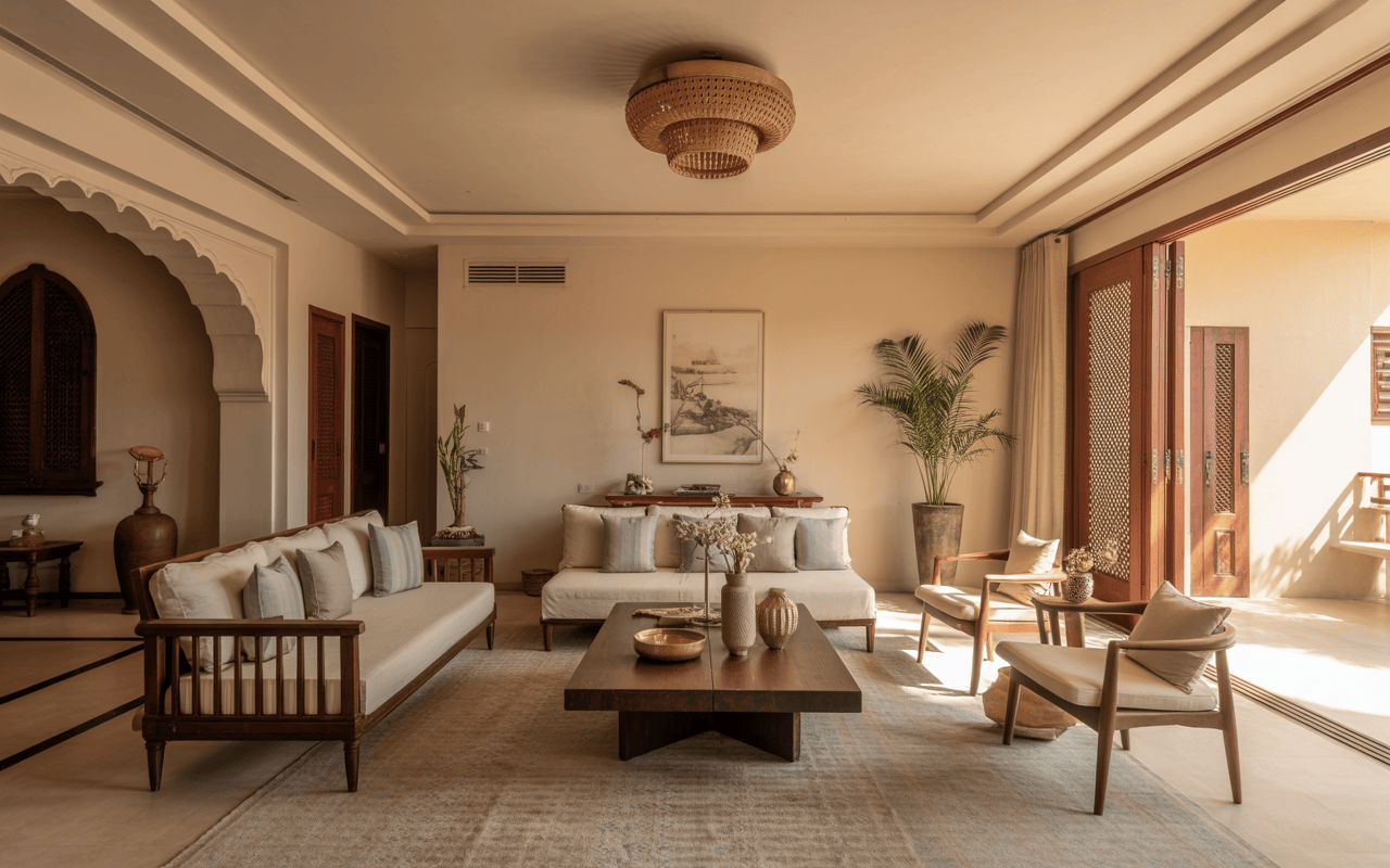 Elegant vastu interior design Ahmedabad with warm tones and natural wood textures