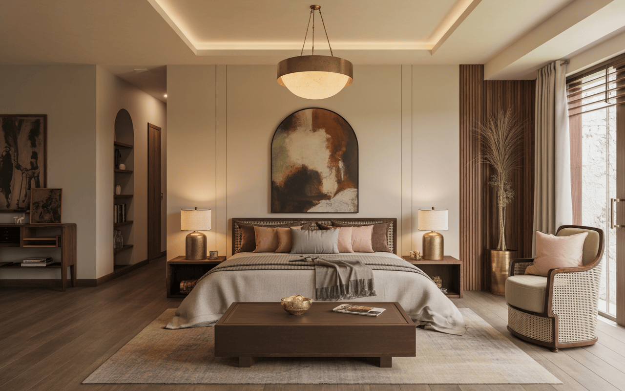 Elegant luxury home interiors Ahmedabad with cozy lighting and rich warm textures