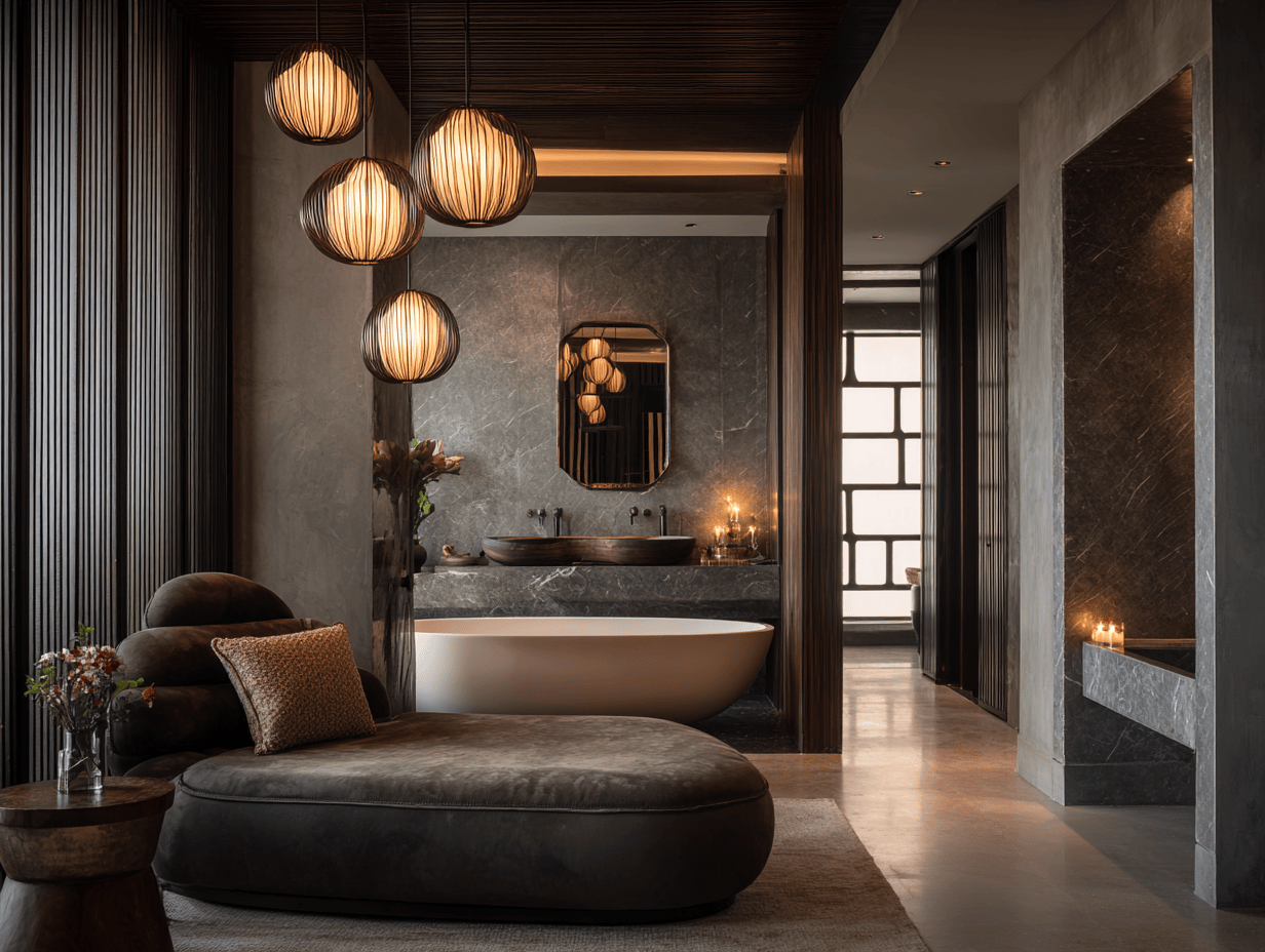 Chic luxury home interiors Ahmedabad with spa bathroom and warm ambient lighting