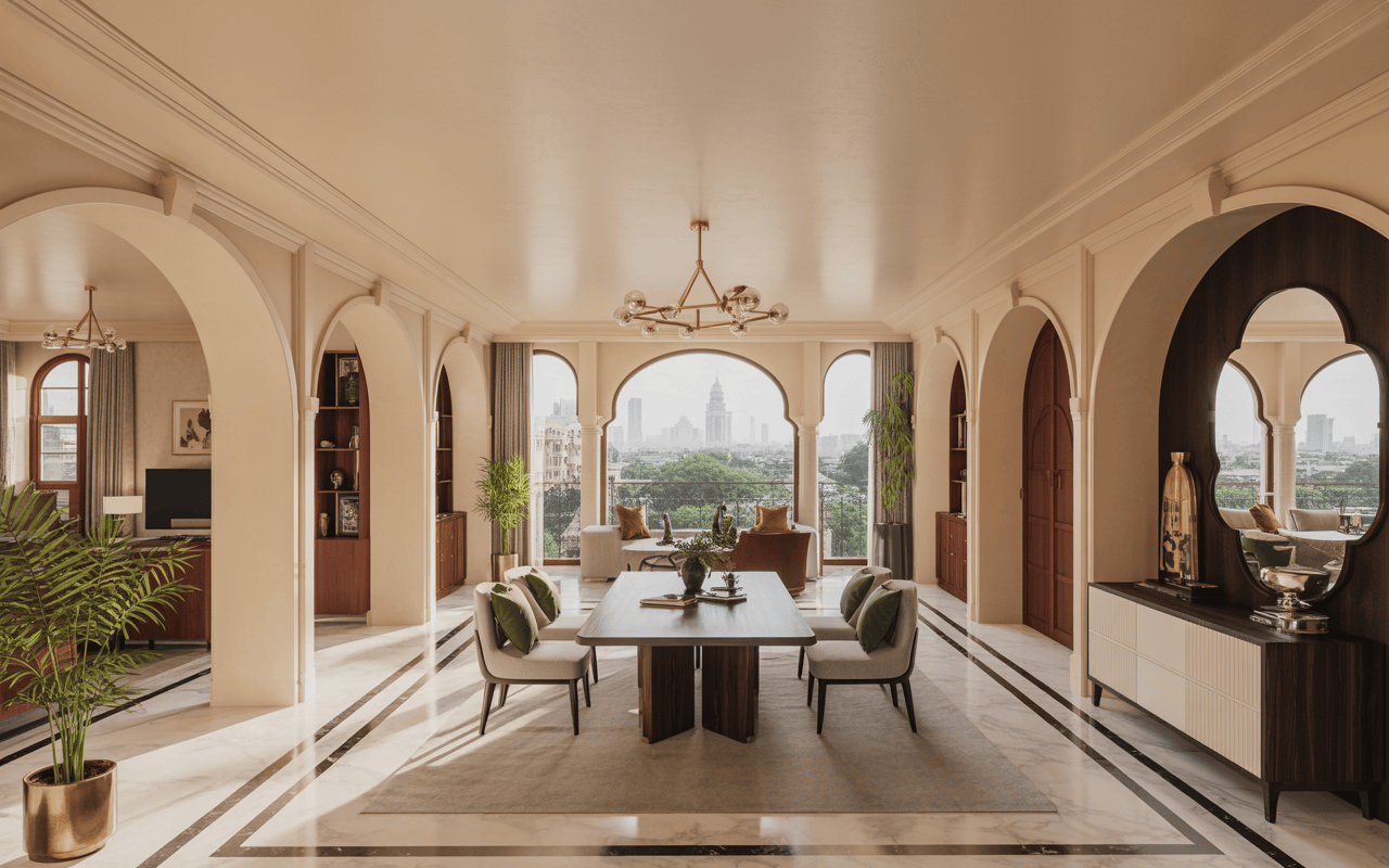 Elegant luxury home interiors Ahmedabad with modern arches and city view
