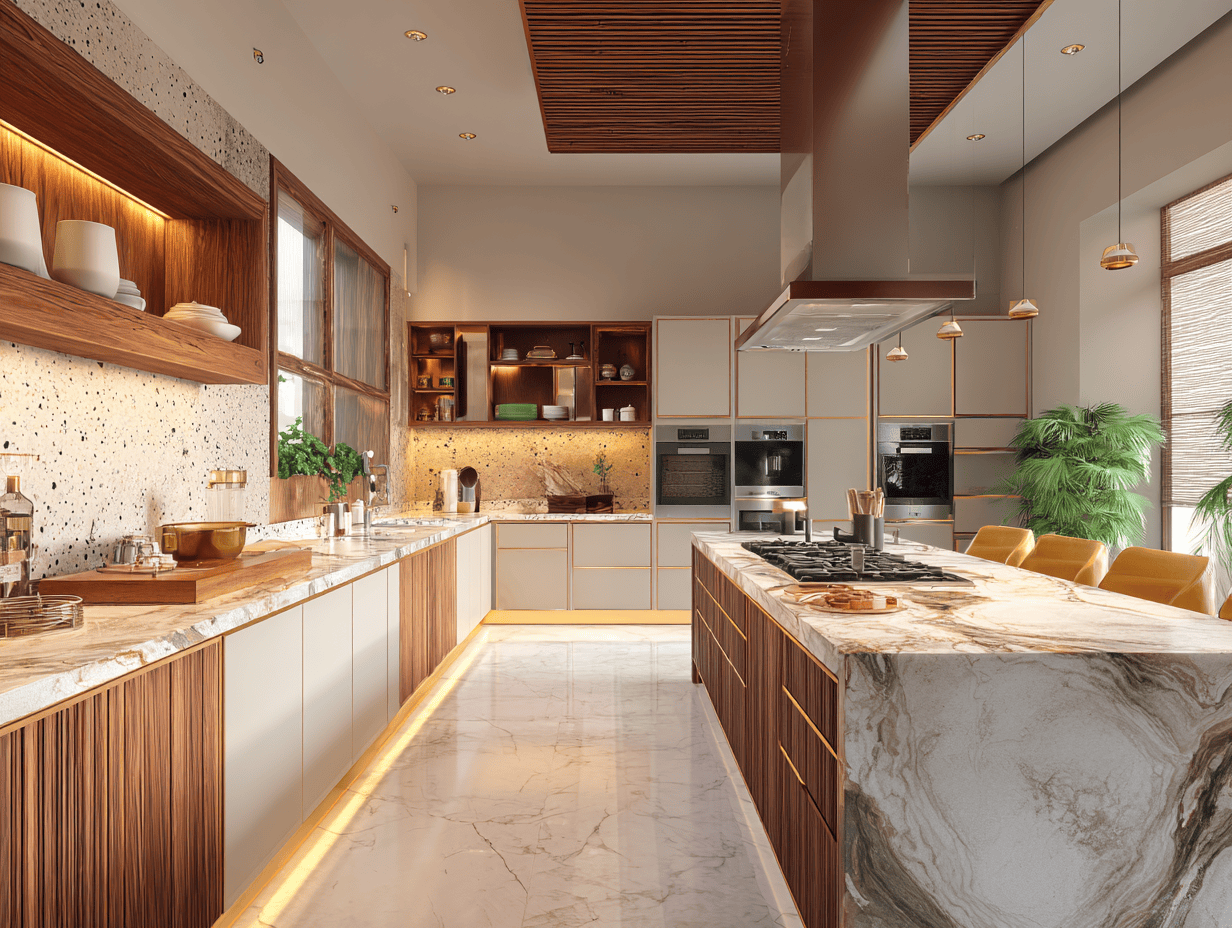 Spacious modular kitchen Ahmedabad with marble counters and smart wood cabinetry