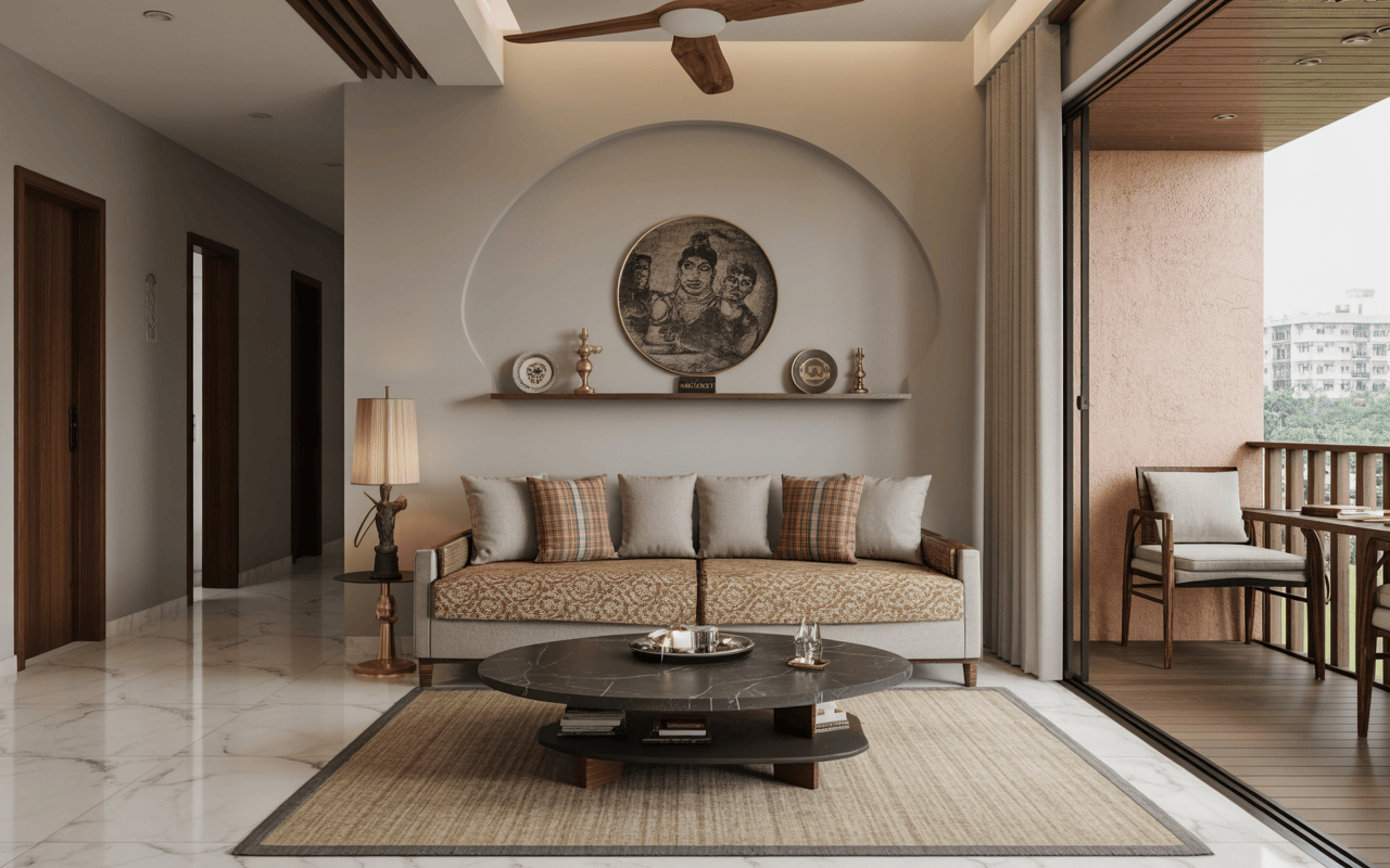 Elegant interior designers in Coimbatore living room with balcony seating