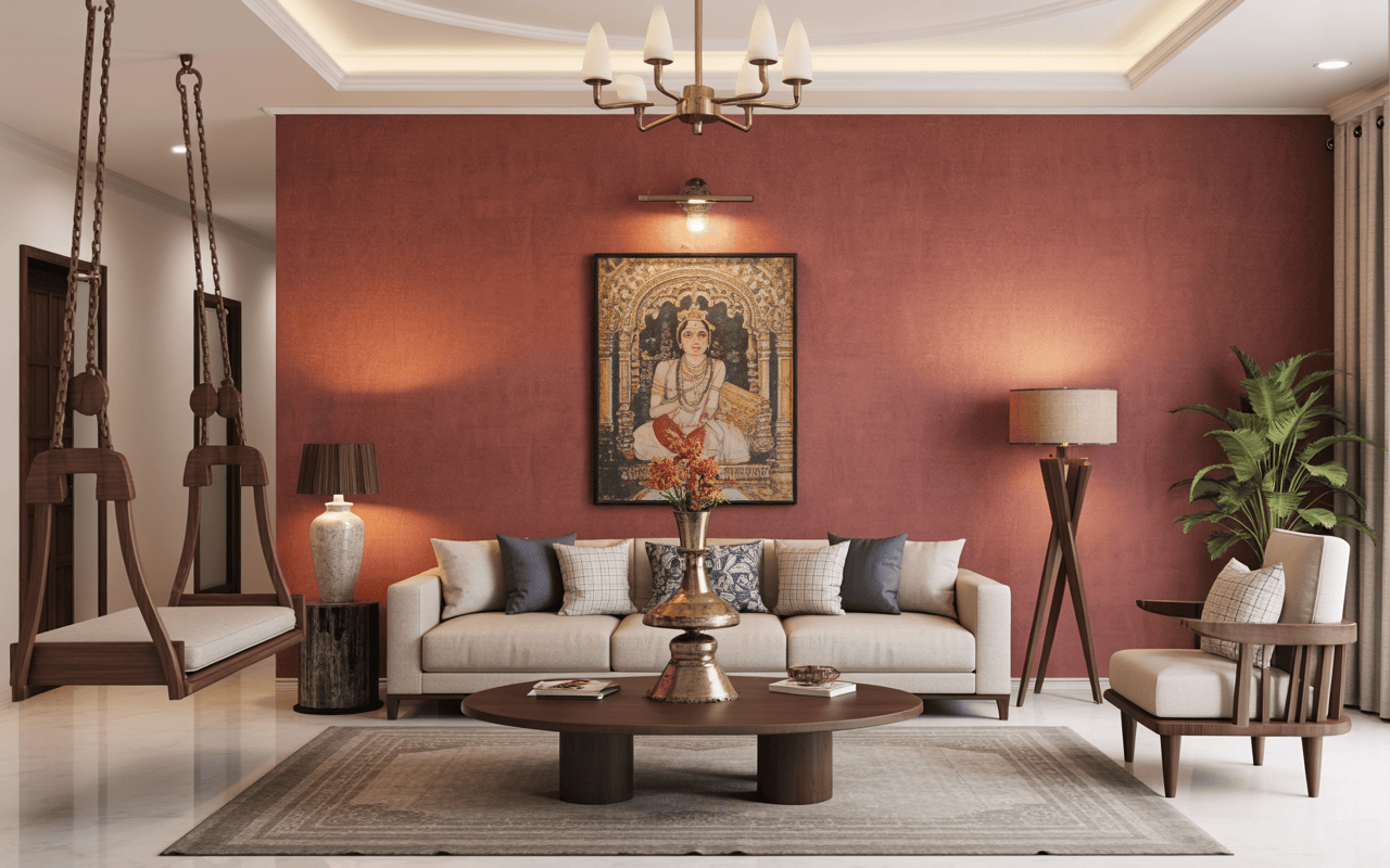 Traditional interior designers in Coimbatore inspired living room with swing