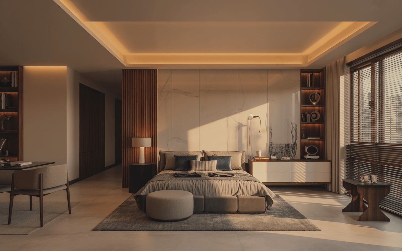 Modern interior designers in Gurgaon styled bedroom with luxury warm lighting