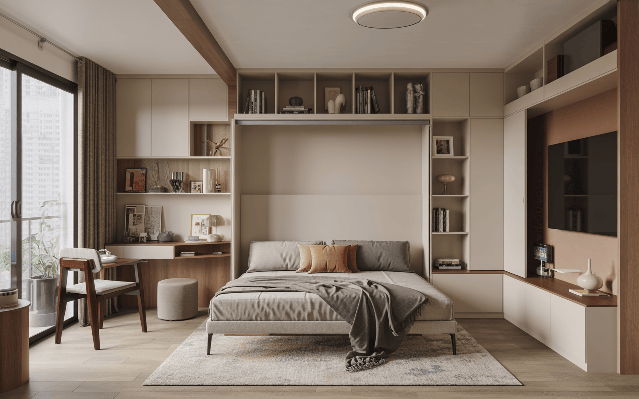 Modern interior designers in Gurgaon styled bedroom with multifunctional furniture